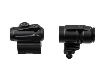 Siyah kırmızı nokta ve büyüteç görüntüler beyaz arkaplanda izole edilir.