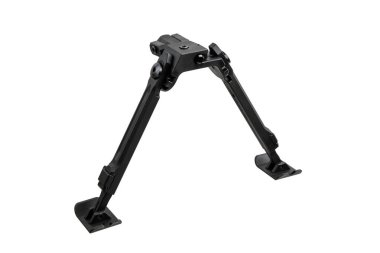 Ateşli silah olarak kullanılan siyah metal bir bipodun temiz beyaz arka planda izole edilmiş yüksek açılı görüntüsü..