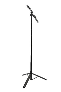 A black selfie stick fully extended and standing on its tripod legs.