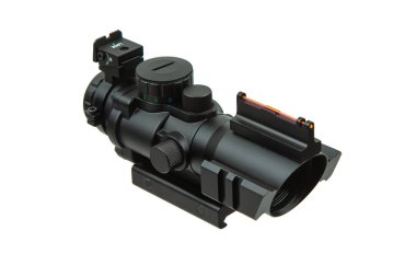 A modern black rifle scope with a built-in rear sight.