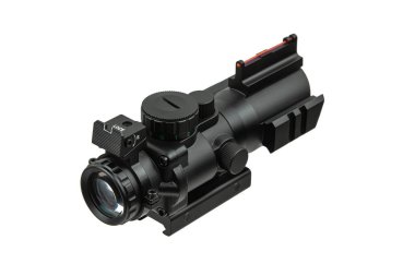 A modern black rifle scope with a built-in rear sight.
