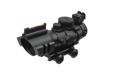 A modern black rifle scope with a built-in rear sight.