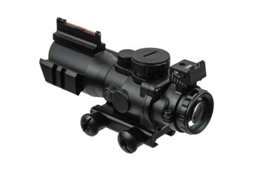 A modern black rifle scope with a built-in rear sight.
