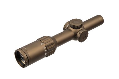 Modern bir taktik tüfek dürbünü ve ten rengi bir kaplama..