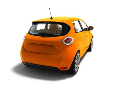 Modern elektrikli otomobil hatchback arka arka tarafındaki geziler için kahverengi iç 3d render gölge beyaz zemin üzerine