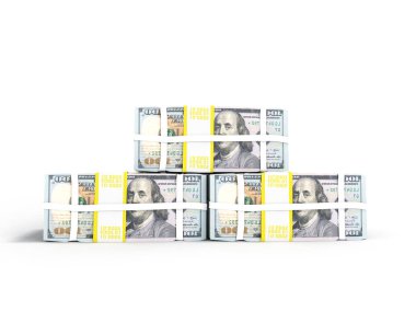 Önünde üç dolar yığını 3d render gölge beyaz zemin üzerine paketleri