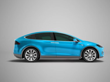 Modern mavi elektrikli araba minibüs yan 3d render gölge ile gri arka plan üzerinde üzerinde