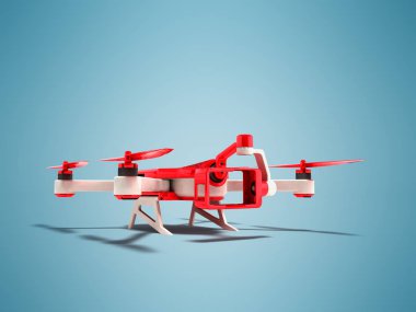 Modern dron quadrocopter fütüristik kırmızı kamera ile beyaz 3d iç metininin ile render gölge ile mavi arka plan üzerinde