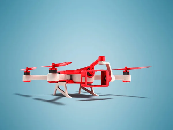 Modern drone quadrocopter with inset of futuristic red camera with white 3d render on blue background with shadow