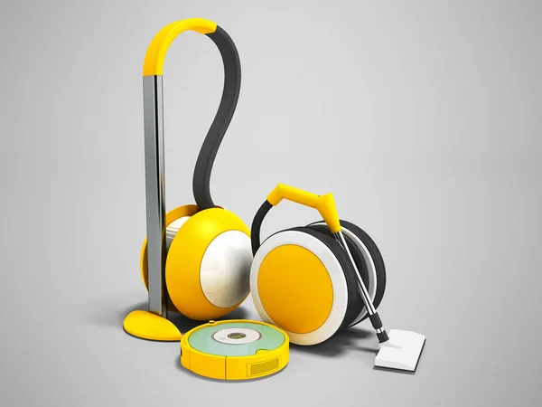 Modern vacuum cleaners with hoses and vacuum cleaner robot yellow with white insets 3D render on gray background with shadow