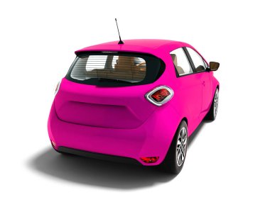 Modern elektrikli otomobil hatchback kahverengi iç 3d arkasında pembe geziler için render gölge beyaz zemin üzerine
