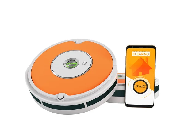 Modern Vacuum Cleaner Robot Gray Orange Inserts Control Mobile Phone — Stock Photo, Image