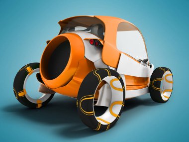 Modern turuncu elektrikli araba arkada yolcu taşıyan için havaalanında geziler için 3d render gölge ile mavi arka plan üzerinde