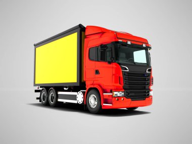 Kırmızı kamyon nakliye sol 3d ürünler bakış açısı için siyah ekler ile sarı beden ile render gölge ile gri arka plan üzerinde
