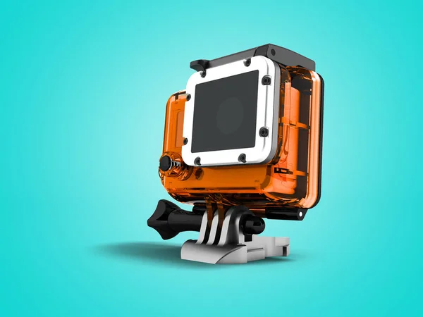 Action camera in an orange case for helmet mount 3d render on blue background with shadow