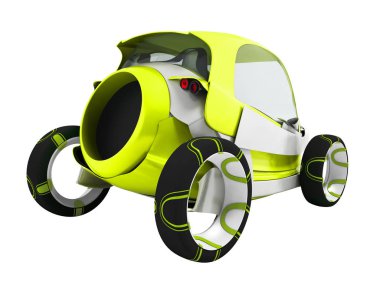 Modern sarı elektrikli araba arkada yolcu taşıyan için havaalanında geziler için 3d render beyaz arka plan gölge yok