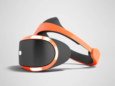 Gölgeli gri arka plan üzerinde turuncu sanal gerçeklik gözlük konsolları üzerinde doğru 3d siyah ekler ile render
