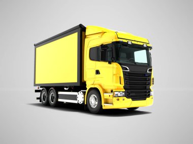 Sarı kamyon nakliye sol 3d ürünler bakış açısı için siyah ekler ile sarı beden ile render gölge ile gri arka plan üzerinde