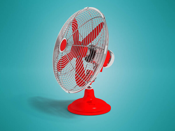 Modern red fan on the table to cool the room on the right 3d render not blue background with shadow
