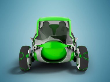 Modern elektrikli otomobil kaldırım yollardaki beyaz ile yeşil seyahat için mavi arka plan üzerinde 3d render gölge ile insets