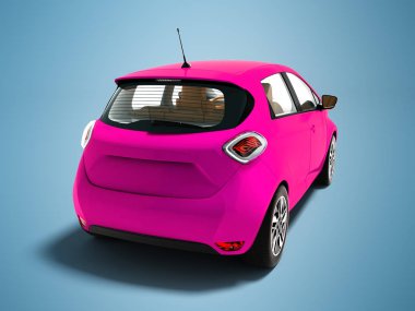 Modern elektrikli otomobil hatchback kahverengi iç 3d arkasında pembe geziler için render gölge ile mavi arka plan üzerinde