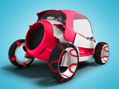 Modern kırmızı elektrikli araba arkada yolcu taşıyan için havaalanında geziler için 3d render gölge ile mavi arka plan üzerinde