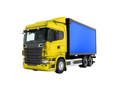 Mavi ile modern sarı kamyon römork taşımacılığı çevresinde beyaz arka plan üzerinde şehir 3d render için gölge yok