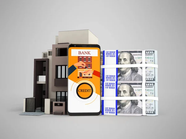 シャドウと灰色の背景にアパート レンダリングにドルの銀行に電話で融資の概念 — ストック写真