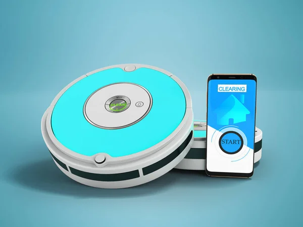 Modern vacuum cleaner robot gray with light blue inserts with control on mobile phone with 3d render on blue background with shadow