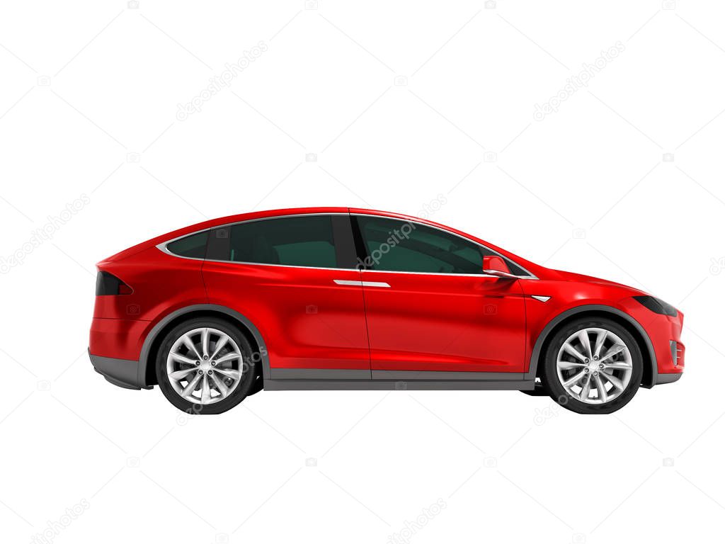 Modern red electric car minivan on side 3d render on white background no shadow