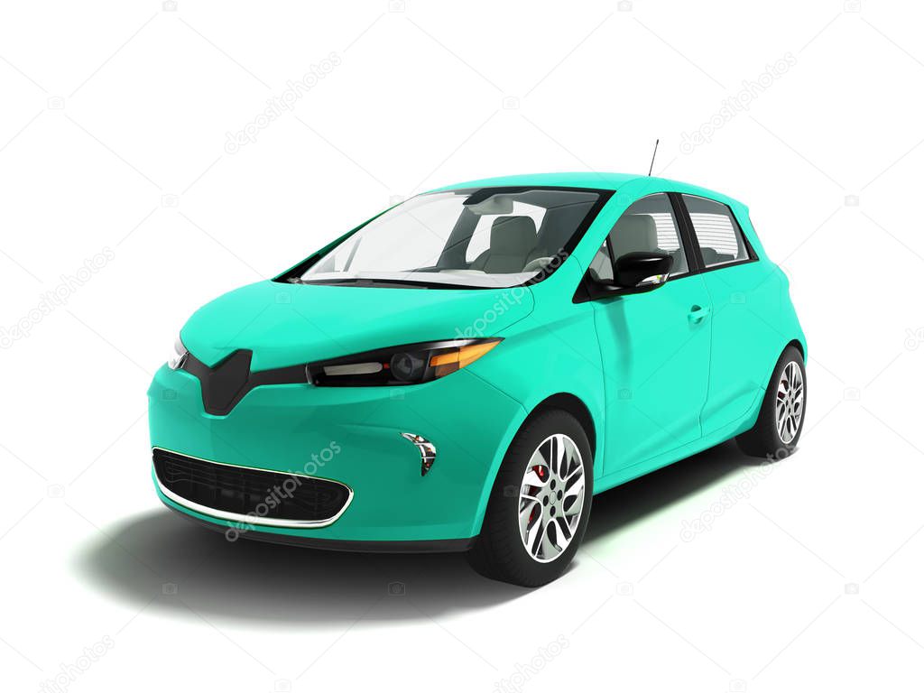 Modern sports electric car hatchback blue for family 3d render on white background with shadow