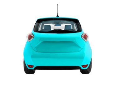 Beyaz üzerine 3d render arkada yolcu taşıyan için Modern mavi elektrikli otomobil hatchback arka plan gölge yok