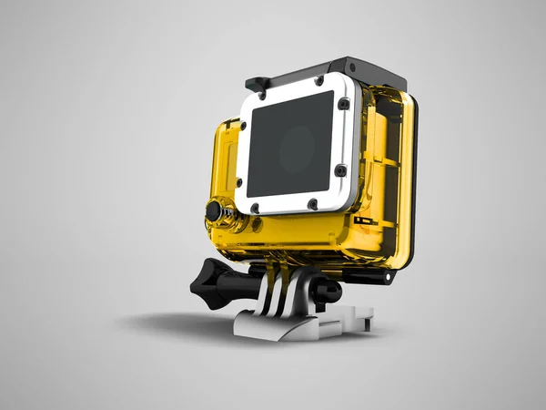 Action camera in yellow helmet case mount 3d rendering on gray background with shadow