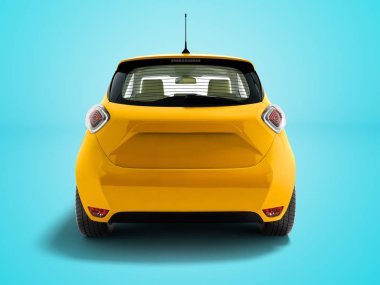 3d render gölge ile mavi arka plan üzerinde arkada yolcu taşıyan için Modern sarı elektrikli otomobil hatchback