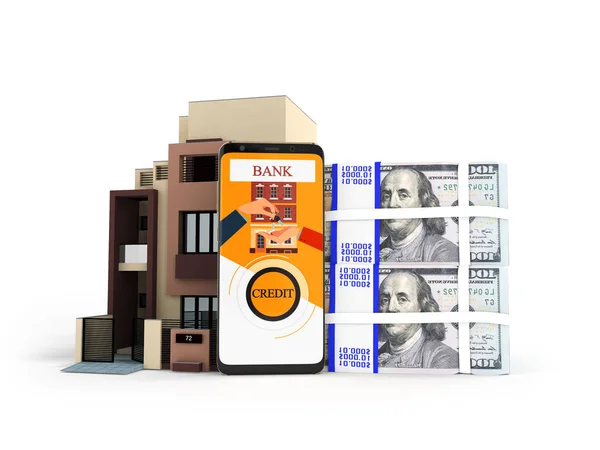 影と白い背景の上のアパート のレンダリングにドルの銀行に電話で融資の概念 — ストック写真
