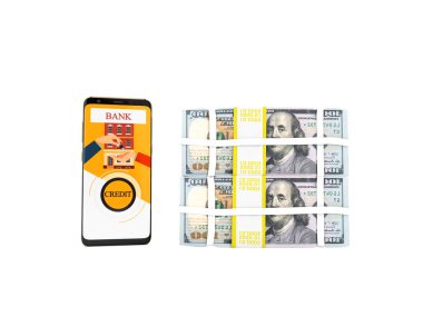 Dolar 3d render bankada beyaz telefon aracılığıyla kredi kavramı arka plan gölge yok