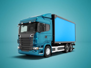 Modern mavi kamyon taşıma mal doğru 3d şehir çevresinde mavi römork ile render gölge ile mavi arka plan üzerinde