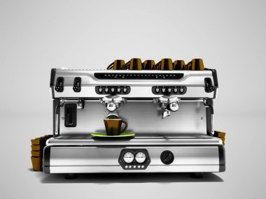 Kahverengi bardak seti ile Modern kahve makinesi kahve 3d render gölge ile gri arka plan karşı izole hazırlama