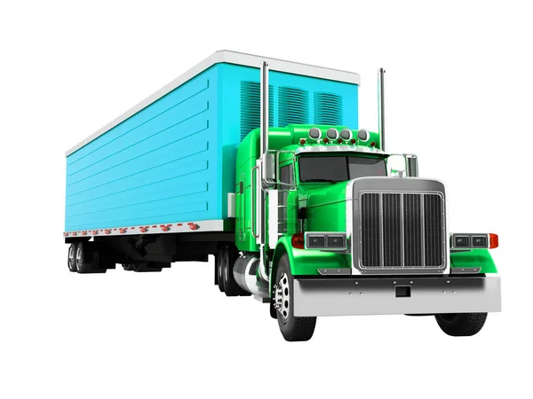 Caminhão Verde Com Reboque Azul Renderização Fundo Branco Sem Sombra — Fotografia de Stock