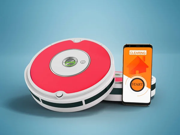 Moderno Aspirador Robô Cinza Com Inserções Vermelhas Com Controle Telefone — Fotografia de Stock