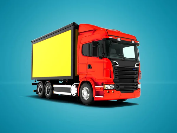 の視点を商品の輸送のための黒挿入と黄色のボディと赤いトラックを影で青の背景にレンダリングします — ストック写真