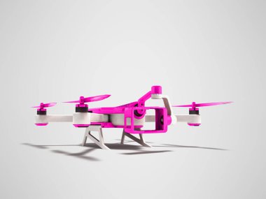 Modern dron quadrocopter iç metininin fütüristik kamera mor kabuk beyaz ile gri arka plan üzerinde 3d render gölge ile insets