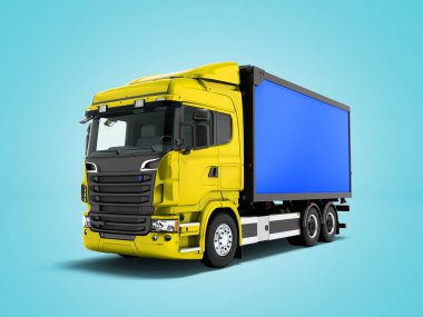 Modern sarı kamyon taşımacılığı çevresinde şehir 3d render gölge ile mavi arka plan için mavi römork ile