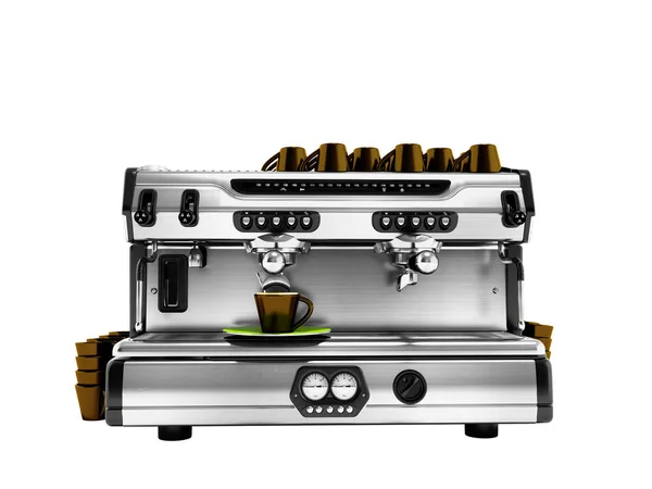 Moderne Koffiemachine Met Set Van Bruin Kopjes Voor Het Voorbereiden — Stockfoto