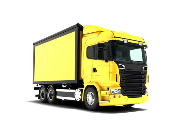 の視点を商品の輸送のための黒挿入と黄色のボディに黄色のトラックを影で白い背景にレンダリングします — ストック写真
