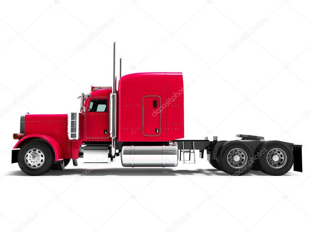 Modern truck tractor for cargo three axle without trailer red side 3d rendering on white background with shadow