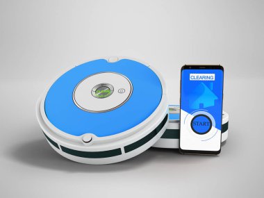 Modern elektrikli süpürge robot ile 3d ile bir cep telefonu üzerinde denetim mavi ekler gri render gölge ile gri arka plan üzerinde