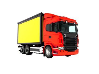 Kırmızı kamyon nakliye sol 3d ürünler bakış açısı için siyah ekler ile sarı beden ile render beyaz zemin üzerine gölge yok
