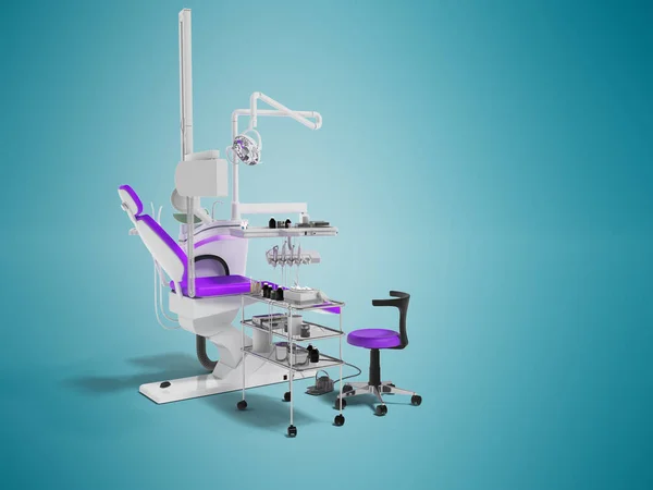 の歯科医のため白紫のくぼみとツールと椅子を掘削用ツールと照明と近代的な歯科用椅子を影で青の背景にレンダリングします — ストック写真