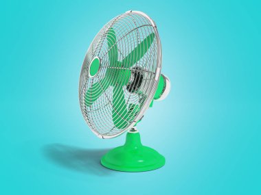 Masaya doğru 3d odayı soğutmak için modern yeşil fan render gölge ile değil mavi arka plan